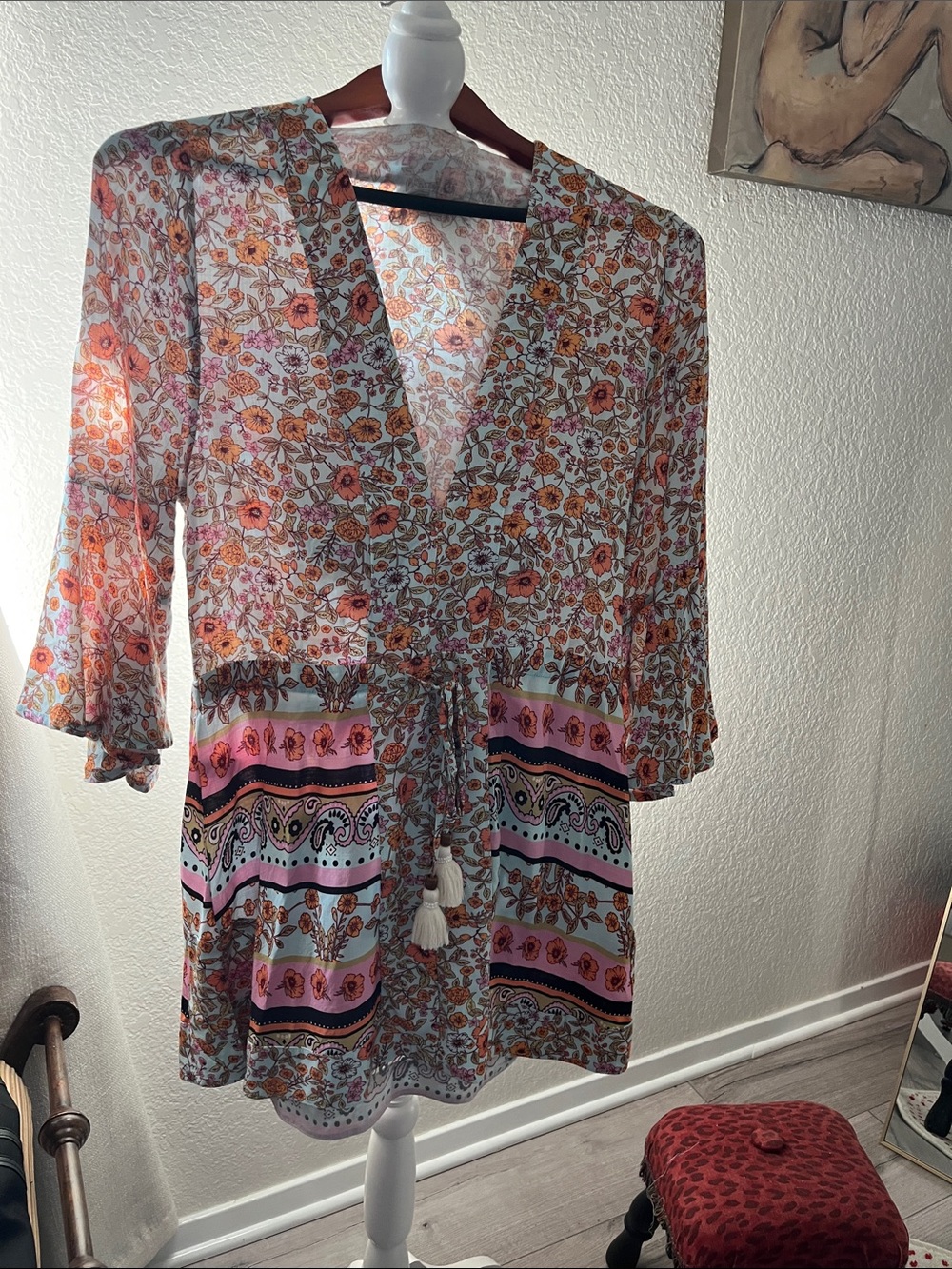 Maaji Floral Tie-Front Mini Dress in Cream, Pink and Orange